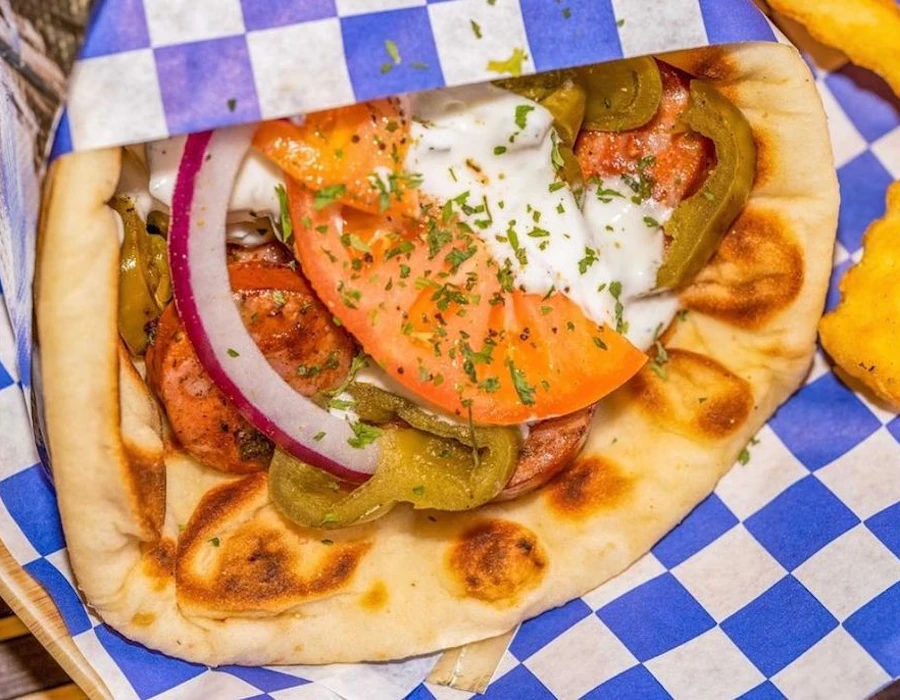 Chorizo gyro with Mexican cheese and jalapeño in a pita