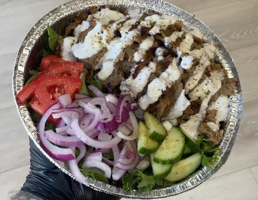 Gyro power bowl over jasmine rice with side salad
